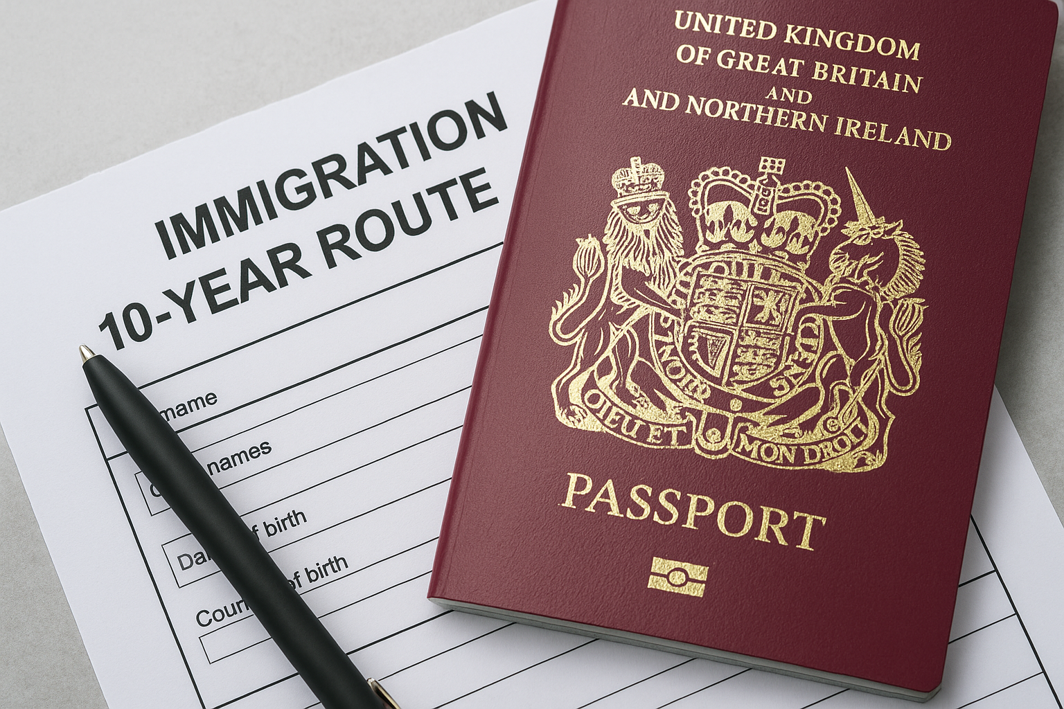 UK passport placed on a 10-year route immigration form representing settlement and visa changes.