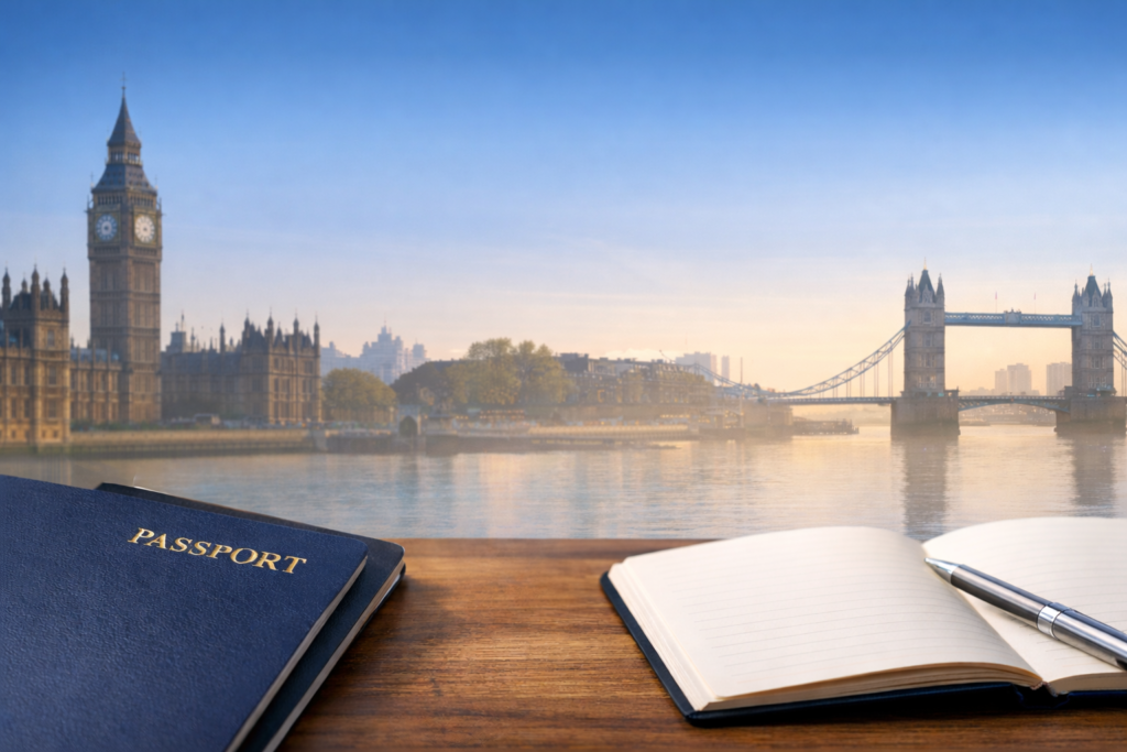 Global talent visa concept shown through passport and London landmarks representing UK immigration routes.