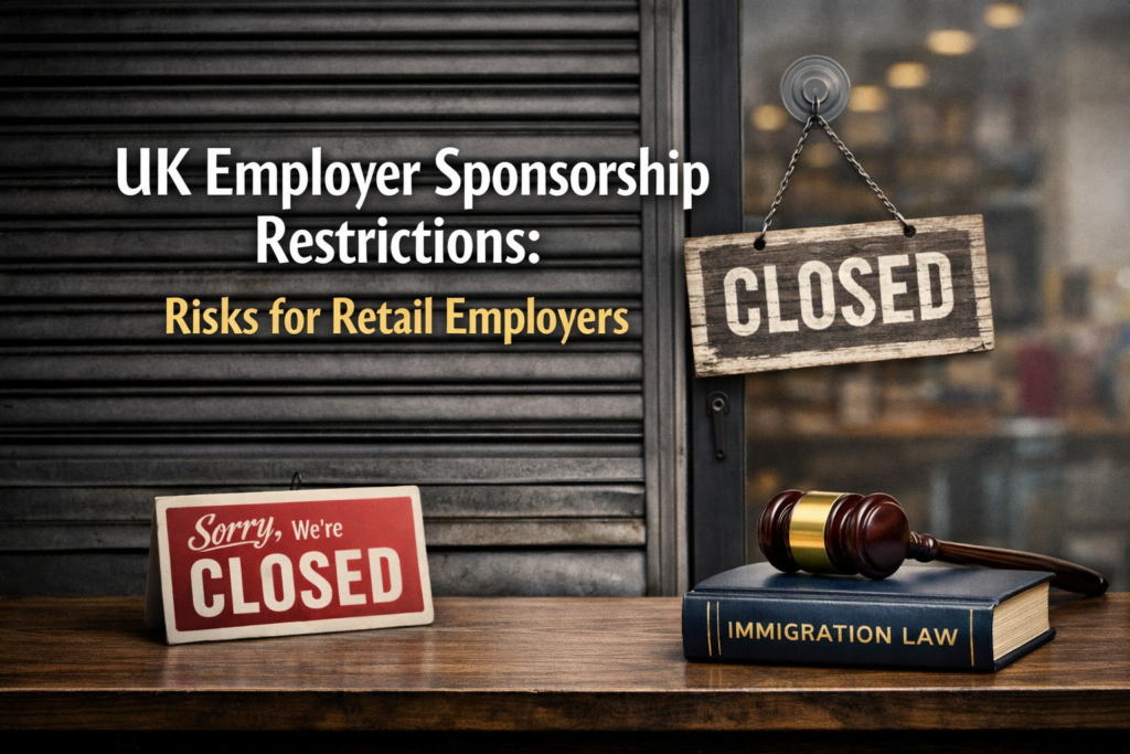 UK employer sponsorship restrictions affecting retail employers, illustrated by a closed shop and immigration law materials.