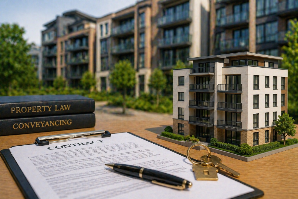 Flat purchase UK concept with contract document, keys, apartment model, and legal books